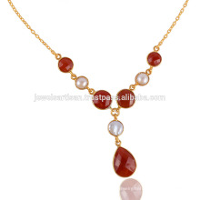 Red Onyx and Pearl 925 Silver Gold Vermeil Drop Necklace